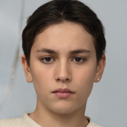 Neutral white young-adult female with short  brown hair and brown eyes