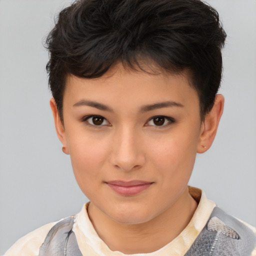 Joyful asian young-adult female with short  brown hair and brown eyes