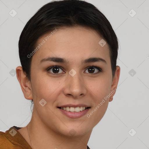 Joyful white young-adult female with short  brown hair and brown eyes