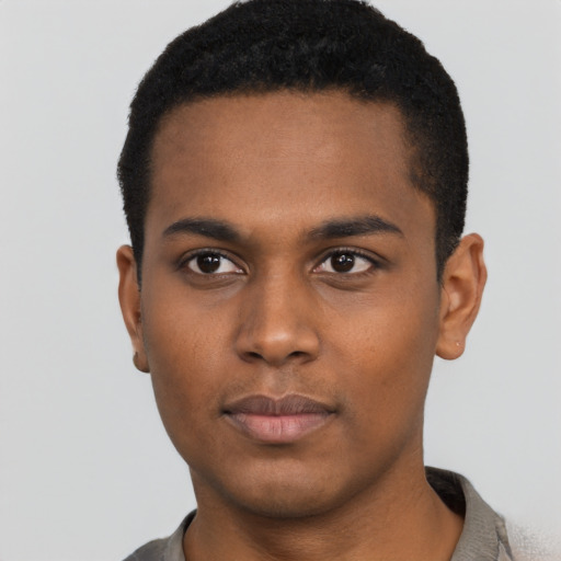 Neutral black young-adult male with short  black hair and brown eyes