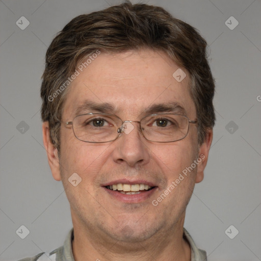 Joyful white adult male with short  brown hair and grey eyes