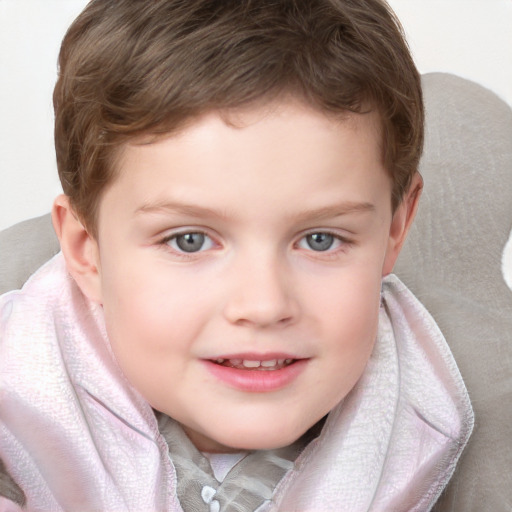 Joyful white child male with short  brown hair and blue eyes