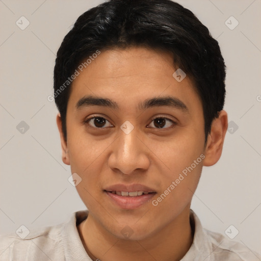 Joyful latino young-adult male with short  black hair and brown eyes