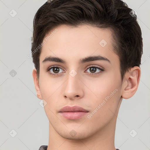 Neutral white young-adult male with short  brown hair and brown eyes