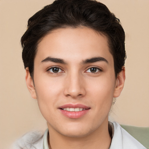 Joyful white young-adult female with short  brown hair and brown eyes