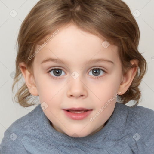 Joyful white child female with medium  brown hair and brown eyes