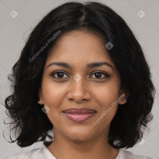 Joyful black young-adult female with medium  black hair and brown eyes