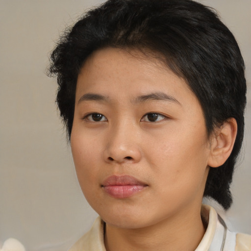 Neutral asian young-adult female with medium  brown hair and brown eyes