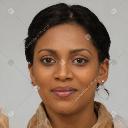 Joyful latino young-adult female with short  black hair and brown eyes