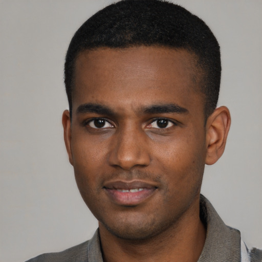 Neutral black young-adult male with short  black hair and brown eyes