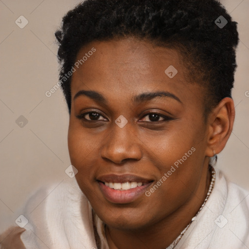 Joyful black young-adult female with short  brown hair and brown eyes