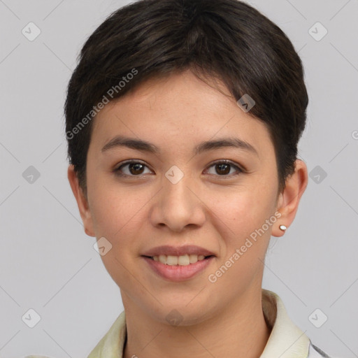 Joyful white young-adult female with short  brown hair and brown eyes