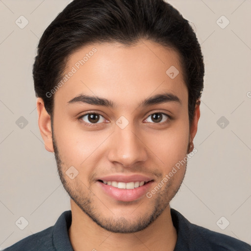 Joyful white young-adult male with short  brown hair and brown eyes