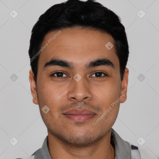 Neutral latino young-adult male with short  black hair and brown eyes