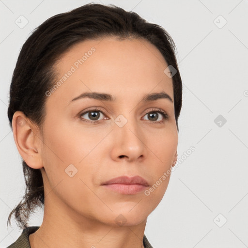 Neutral white young-adult female with short  brown hair and brown eyes