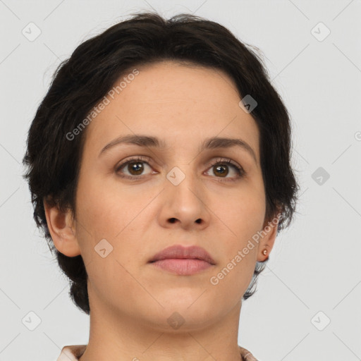 Neutral white young-adult female with medium  brown hair and brown eyes