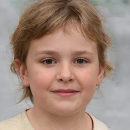 Joyful white child female with medium  brown hair and grey eyes