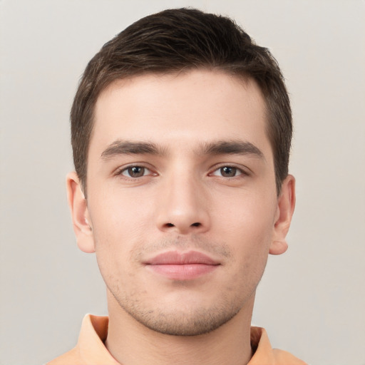 Neutral white young-adult male with short  brown hair and brown eyes