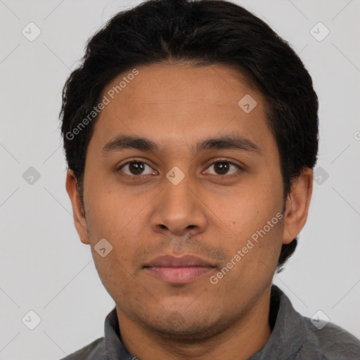 Neutral latino young-adult male with short  black hair and brown eyes