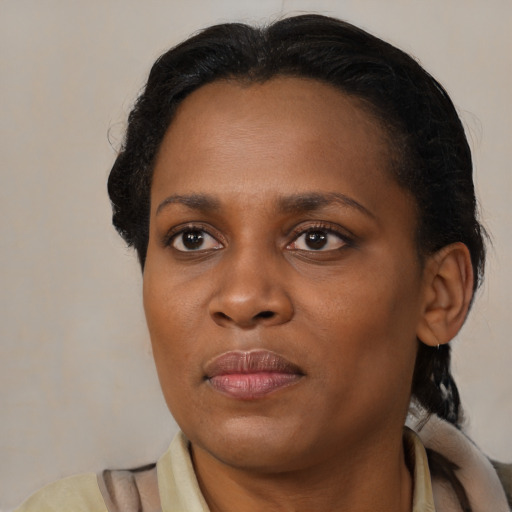 Joyful black adult female with short  brown hair and brown eyes