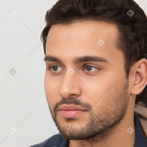 Neutral white young-adult male with short  brown hair and brown eyes