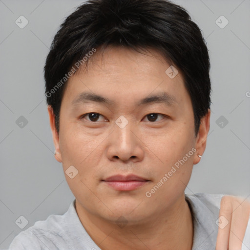 Neutral asian young-adult male with short  black hair and brown eyes
