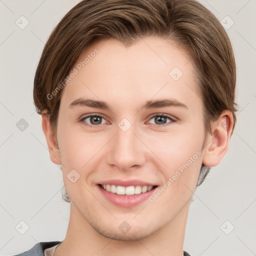 Joyful white young-adult female with short  brown hair and grey eyes