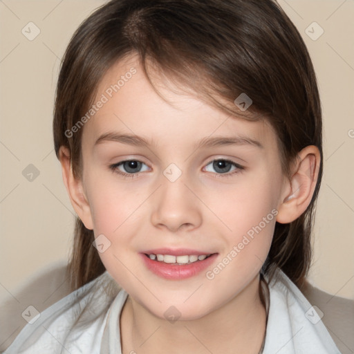 Joyful white child female with medium  brown hair and brown eyes