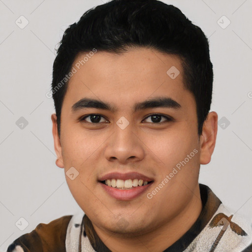 Joyful asian young-adult male with short  black hair and brown eyes