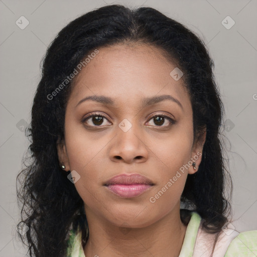 Joyful asian young-adult female with long  brown hair and brown eyes