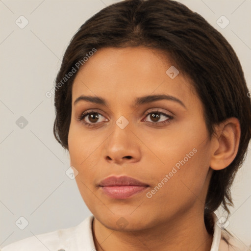 Neutral white young-adult female with medium  brown hair and brown eyes