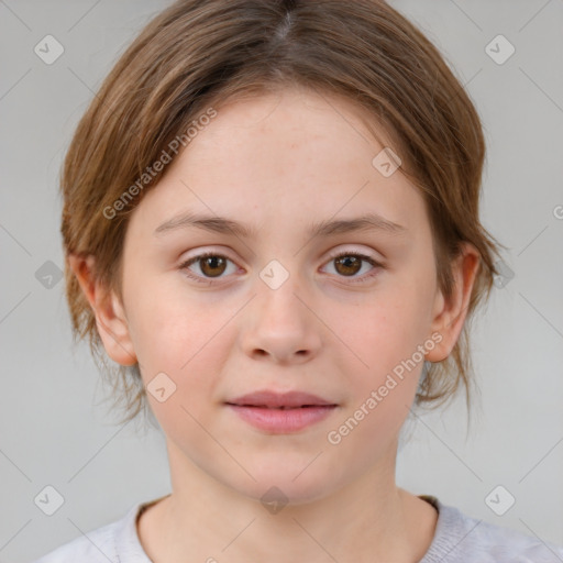 Joyful white child female with medium  brown hair and brown eyes