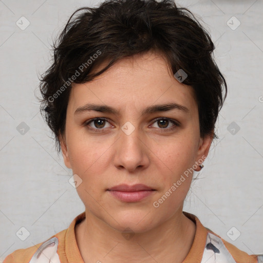 Neutral white young-adult female with medium  brown hair and brown eyes