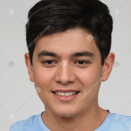 Joyful white young-adult male with short  black hair and brown eyes