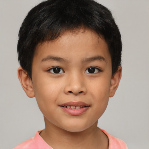 Joyful asian child male with short  brown hair and brown eyes