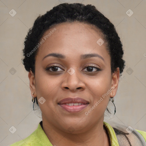 Joyful latino young-adult female with short  black hair and brown eyes