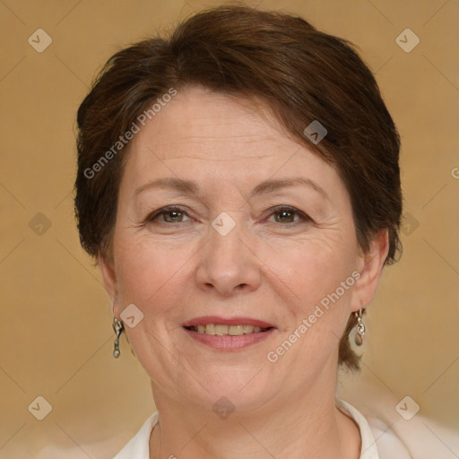 Joyful white adult female with short  brown hair and brown eyes