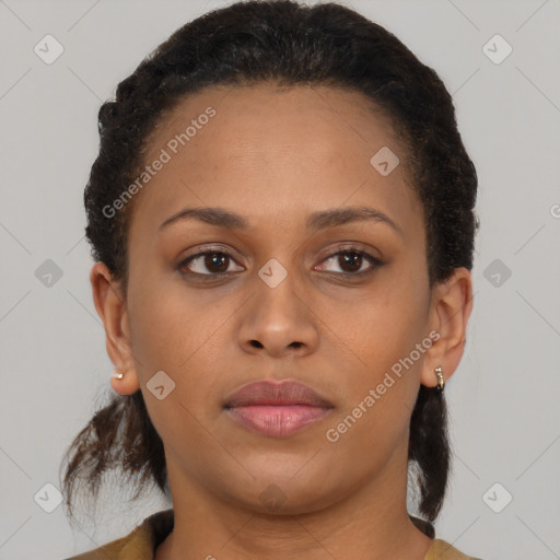 Neutral black young-adult female with short  brown hair and brown eyes