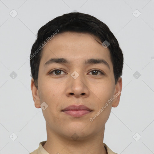 Neutral latino young-adult male with short  black hair and brown eyes