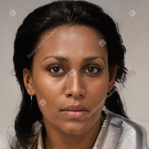 Neutral black adult female with short  brown hair and brown eyes