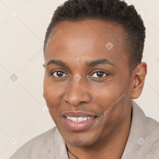 Joyful black young-adult male with short  brown hair and brown eyes