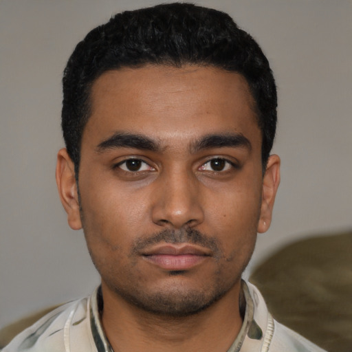 Neutral latino young-adult male with short  black hair and brown eyes