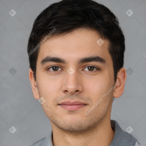 Neutral white young-adult male with short  brown hair and brown eyes