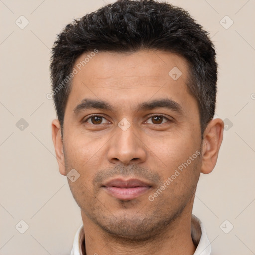 Neutral asian young-adult male with short  black hair and brown eyes