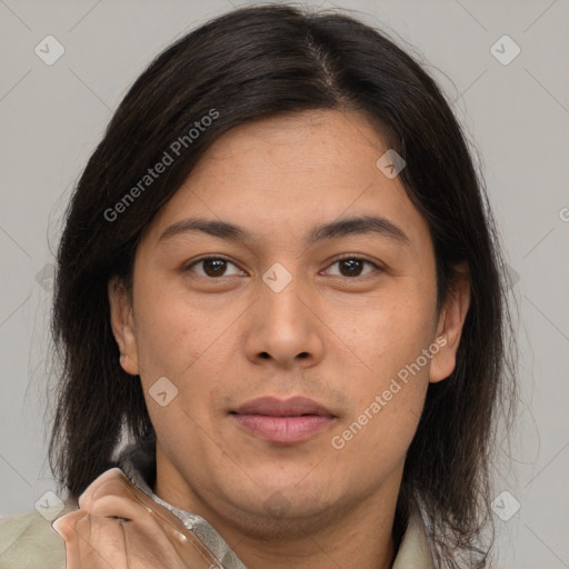 Joyful white adult female with medium  brown hair and brown eyes