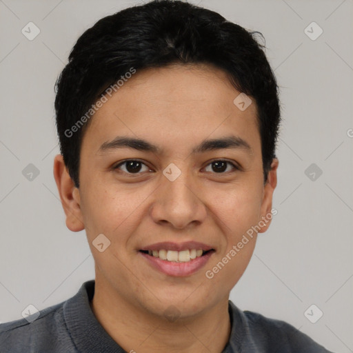 Joyful latino young-adult female with short  brown hair and brown eyes