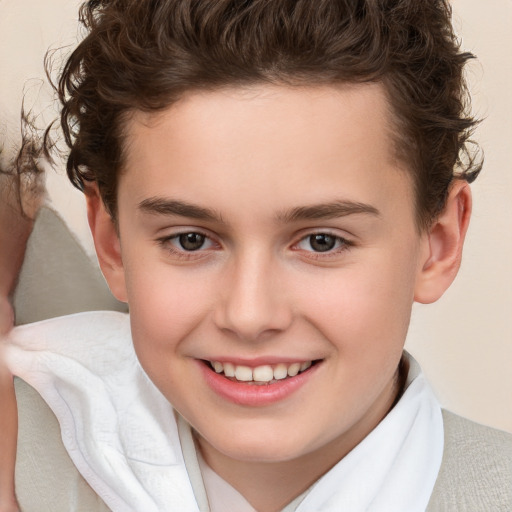 Joyful white child female with short  brown hair and brown eyes