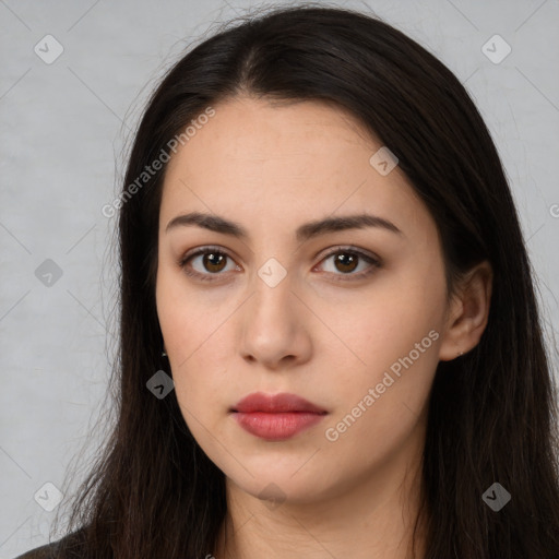 Neutral white young-adult female with long  brown hair and brown eyes