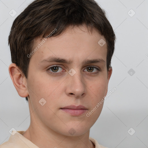 Neutral white young-adult male with short  brown hair and grey eyes