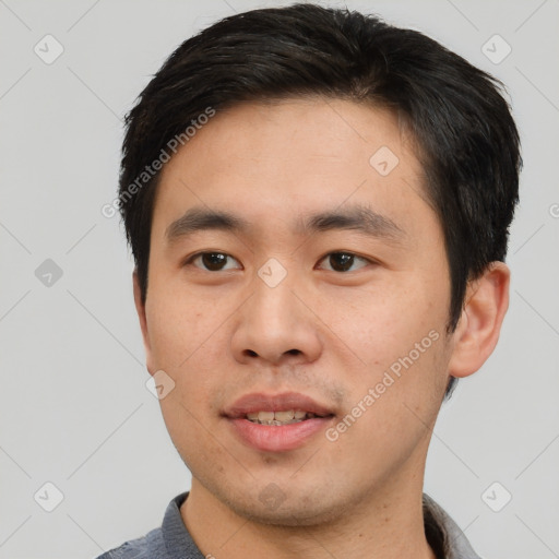 Neutral asian young-adult male with short  black hair and brown eyes